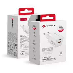   20W PD gyorstöltő hálózati adapter USB-C + USB-A portos telefon töltő, fehér, Forcell VT-35A
