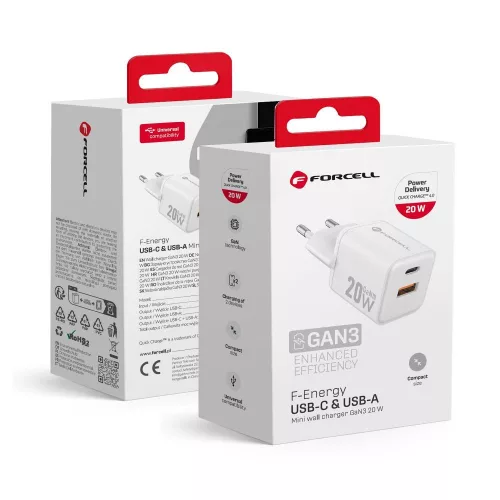 20W PD gyorstöltő hálózati adapter USB-C + USB-A portos telefon töltő, fehér, Forcell VT-35A