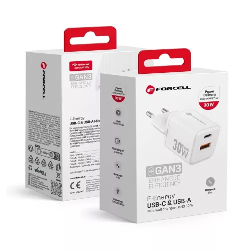 30W PD gyorstöltő hálózati adapter USB-C + USB-A portos GaN3 telefon töltő, fehér – Forcell VT-35