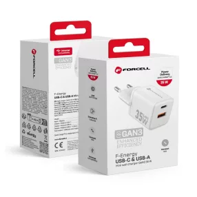   35W PD gyorstöltő hálózati adapter USB-C + USB-A portos GaN3 telefon töltő, fehér – Forcell VT-35C