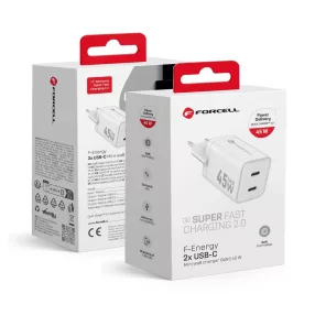   45W PD gyorstöltő hálózati adapter telefon töltő 2x USB-C porttal, fehér, Forcell VT-36B