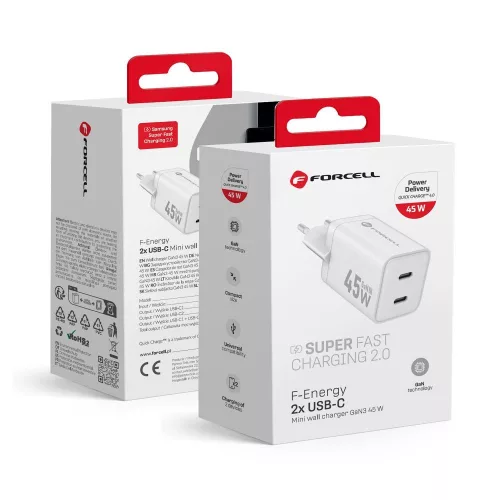 45W PD gyorstöltő hálózati adapter telefon töltő 2x USB-C porttal, fehér, Forcell VT-36B