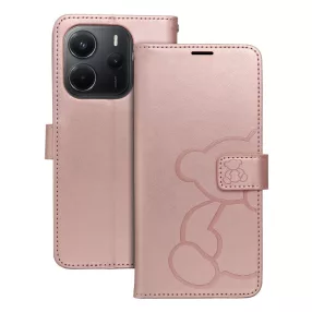   Xiaomi Redmi Note 14 4G könyvtok, fliptok, telefon tok, mágneszáras, bankkártyatartós, maci mintás, rose gold, Forcell Mezzo