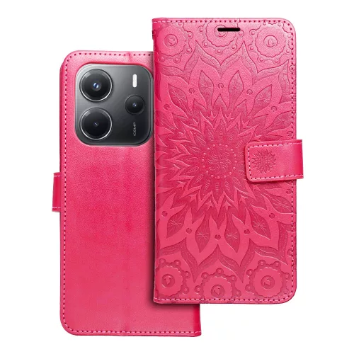 Xiaomi Redmi Note 14 4G könyvtok, fliptok, telefon tok, mágneszáras, bankkártyatartós, mandala mintás, magenta, Forcell Mezzo