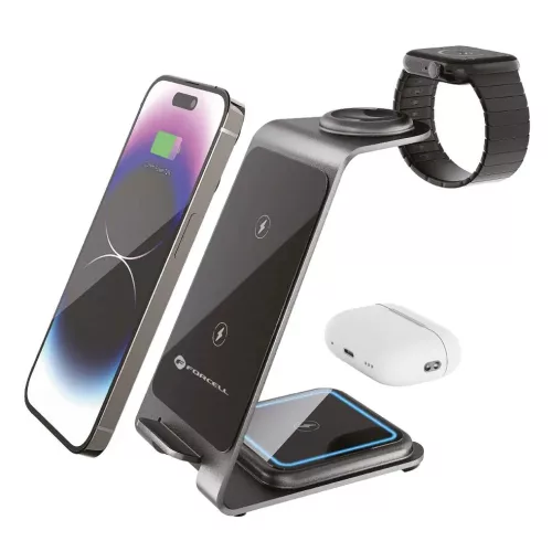 3 az 1-ben vezeték nélküli töltő 15W telefonhoz, Apple Watchhoz és vezeték nélküli fülhallgatóhoz, USB-C, fekete – Forcell F-Energy Simply Charge