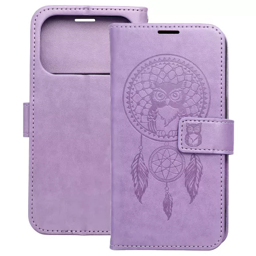 iPhone 17 Pro könyvtok, fliptok, telefon tok, mágneszáras, bankkártyatartós, álomfogó mintás, lila, Forcell Mezzo