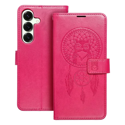 Samsung Galaxy S25 5G könyvtok, fliptok, telefon tok, mágneszáras, bankkártyatartós, álomfogó mintás, magenta, Forcell Mezzo