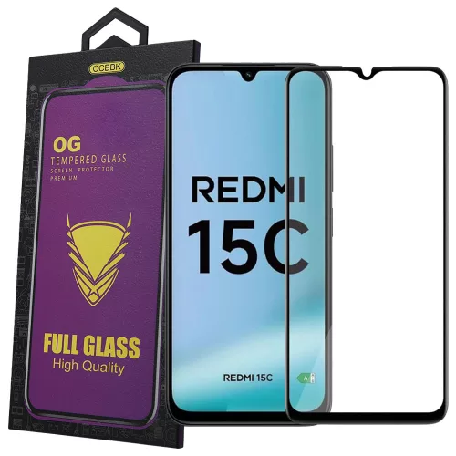 Xiaomi Redmi 15C 4G / Redmi 15C 5G / Poco C85 üvegfólia – 9H edzett kijelzővédő, teljes képernyős, fekete keretes, OG Premium
