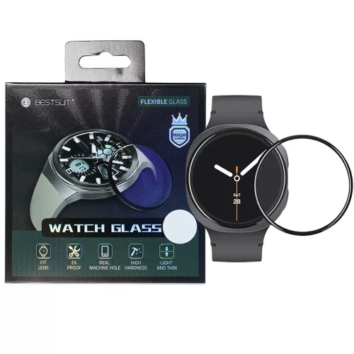 Samsung Galaxy Watch 8 44mm okosóra kijelzővédő fólia, hibrid, flexibilis, 3D, hajlított, fekete kerettel, Bestsuit