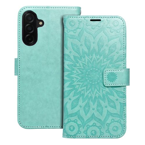 Samsung Galaxy A37 5G könyvtok, fliptok, telefon tok, oldalra nyíló tok, mágneszáras, bankkártyatartós, mandala mintás, zöld, Forcell Mezzo