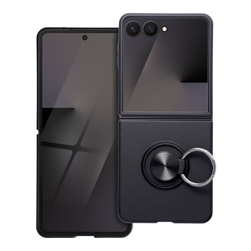 Samsung Galaxy Z Flip7 5G telefon tok, elő+hátlap tok, műanyag, kitámasztható, fekete, Ring case, SM-F766B/DS
