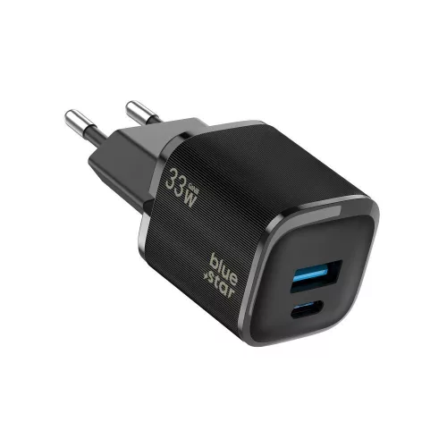33W PD gyorstöltő hálózati adapter USB-C + USB-A portos GaN telefon töltő, fekete – Bluestar VT-332