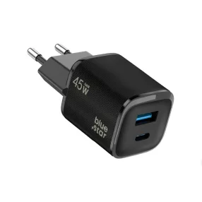   45W PD gyorstöltő hálózati adapter USB-C + USB-A portos GaN telefon töltő, fekete – Bluestar VT-334