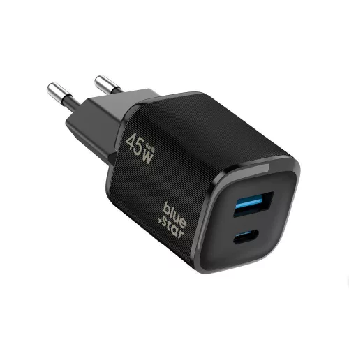 45W PD gyorstöltő hálózati adapter USB-C + USB-A portos GaN telefon töltő, fekete – Bluestar VT-334