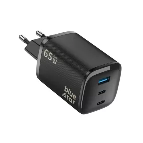   65W PD gyorstöltő hálózati adapter 2× USB-C + USB-A portos GaN telefon töltő, fekete – Bluestar VT-335
