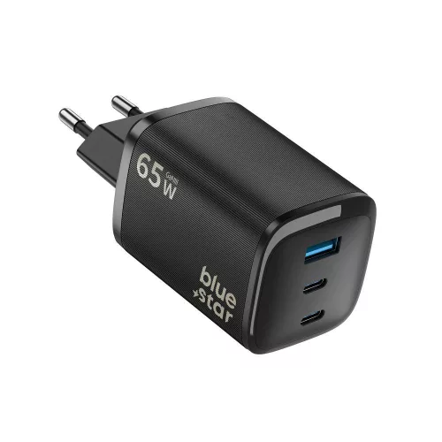 65W PD gyorstöltő hálózati adapter 2× USB-C + USB-A portos GaN telefon töltő, fekete – Bluestar VT-335