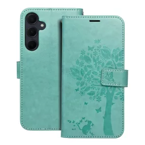   Samsung Galaxy A27 5G könyvtok, fliptok, telefon tok, oldalra nyíló tok, mágneszáras, bankkártyatartós, fa mintás, zöld, Forcell Mezzo