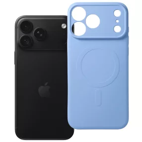   iPhone 18 Pro Max / 17 Pro Max MagSafe szilikon tok – kameravédős, matt világoskék hátlaptok velúr belsővel, Silicone Mag Cover