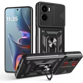   Motorola Moto E15 / G05 hátlap tok, telefon tok, kitámasztható, mágneses, ütésálló, fekete, Defender Slide