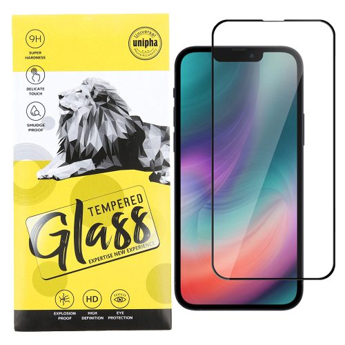 iPhone 13 / 13 Pro / 14 üvegfólia, tempered glass, előlapi, 9D, edzett, hajlított, fekete kerettel