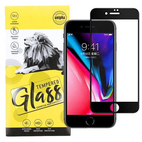 iPhone 7 / 8 / SE 2020 / SE 2022 üvegfólia, tempered glass, előlapi, 9D, edzett, hajlított, fekete kerettel