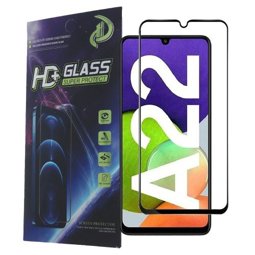 Samsung Galaxy A22 5G üvegfólia, tempered glass, előlapi, 9D, edzett, hajlított, fekete kerettel