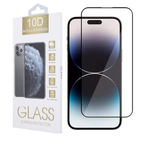 iPhone 14 Pro üvegfólia, tempered glass, előlapi, 10D, edzett, hajlított, fekete kerettel