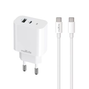   Hálózati töltőfej, adapter USB + USB-C (Type-C) port + USB-C - USB-C adatkábel, töltőkábel, 1m 3A 30W, fehér, Maxlife MXTC-06-30AC