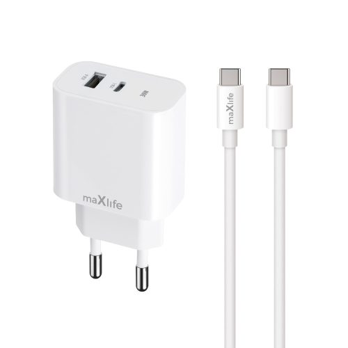 Hálózati töltőfej, adapter USB + USB-C (Type-C) port + USB-C - USB-C adatkábel, töltőkábel, 1m 3A 30W, fehér, Maxlife MXTC-06-30AC