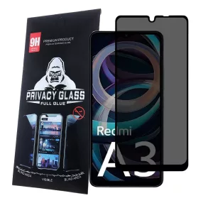   Xiaomi Redmi A3 4G üvegfólia, tempered glass, előlapi, edzett, hajlított, fekete kerettel, betekintés védelemmel, Privacy