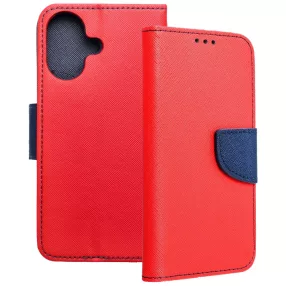   iPhone 16 könyvtok, fliptok, telefon tok, bankkártyatartós, mágneszáras, piros-sötétkék, Fancy