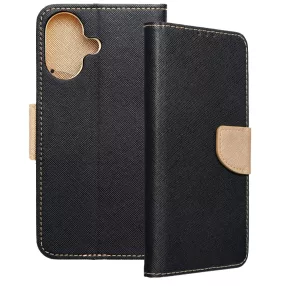   iPhone 16 könyvtok, fliptok, telefon tok, bankkártyatartós, mágneszáras, fekete-arany, Fancy