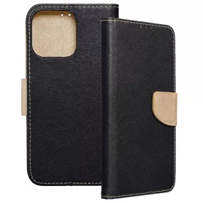   iPhone 16 Pro könyvtok, fliptok, telefon tok, bankkártyatartós, mágneszáras, fekete-arany, Fancy