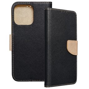   iPhone 16 Pro Max könyvtok, fliptok, telefon tok, bankkártyatartós, mágneszáras, fekete-arany, Fancy