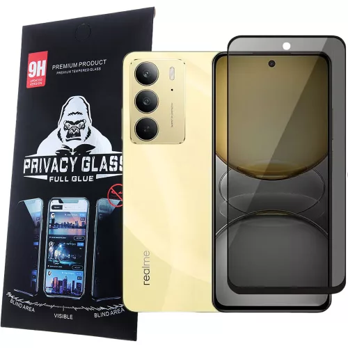 Realme C75 üvegfólia, tempered glass, előlapi, edzett, hajlított, fekete kerettel, betekintés védelemmel, Privacy