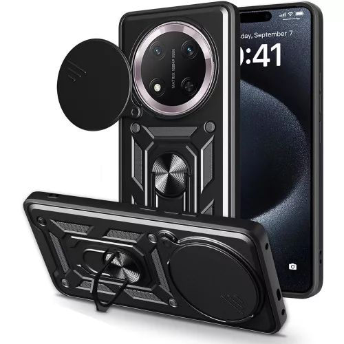 Honor Magic7 Lite 5G hátlap tok, telefon tok, kitámasztható, mágneses, ütésálló, fekete, Defender Slide