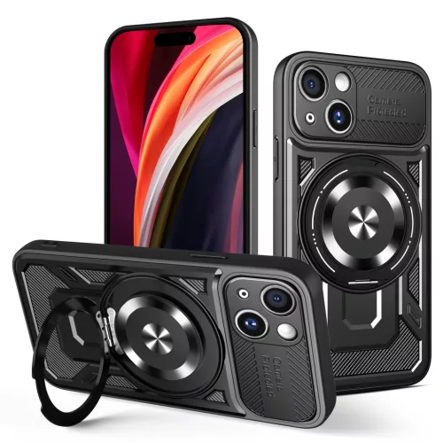 iPhone 15 Defender Armor Mag tok – mágneses, MagSafe kompatibilis, kitámasztható, ütésálló, fekete
