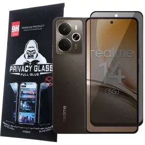   Realme 14 5G / 14T 5G üvegfólia, tempered glass, előlapi, edzett, hajlított, fekete kerettel, betekintés védelemmel, Privacy