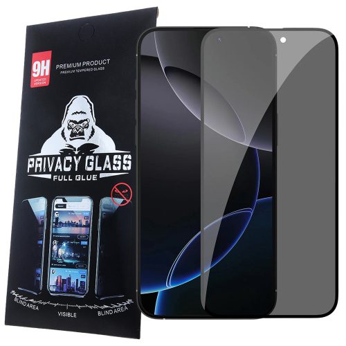 iPhone 17 Pro Max üvegfólia, tempered glass, előlapi, edzett, hajlított, fekete kerettel, betekintés védelemmel, Privacy