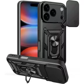   iPhone 18 Pro Max / 17 Pro Max tok – kameravédős, kitámasztható, mágneses tartóval kompatibilis ütésálló fekete hátlaptok, Defender Slide