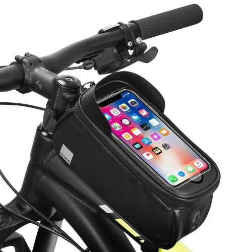 Univerzális kerékpáros táska, 6,5", vázra szerelhető, vízálló, napellenző, 0,8L, fekete, fülhallgató kimenet, Sahoo 122053