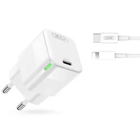   Hálózati töltőfej, adapter, USB-C (Type-C) port + USB-C - iPhone 8pin adatkábel, töltőkábel, GaN gyorstöltő, 1m 3A 30W, fehér, XO CE06