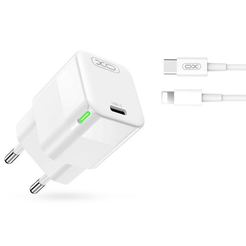 Hálózati töltőfej, adapter, USB-C (Type-C) port + USB-C - iPhone 8pin adatkábel, töltőkábel, GaN gyorstöltő, 1m 3A 30W, fehér, XO CE06