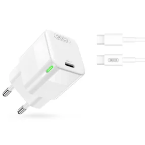   Hálózati töltőfej, adapter, USB-C (Type-C) port + USB-C - USB-C adatkábel, töltőkábel, GaN gyorstöltő, 1m 3A 30W, fehér, XO CE06