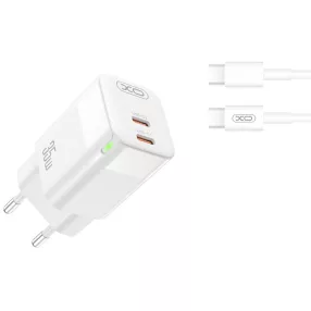   Hálózati töltőfej, adapter, 2x USB-C (Type-C) port + USB-C - USB-C adatkábel, töltőkábel, GaN gyorstöltő, 1m 3A 35W, fehér, XO CE07