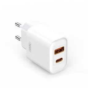  Hálózati töltőfej, adapter, gyorstöltő, USB-C + USB port, fehér, PD + QC 20W, XO CE12