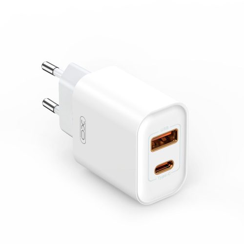 Hálózati töltőfej, adapter, gyorstöltő, USB-C + USB port, fehér, PD + QC 20W, XO CE12