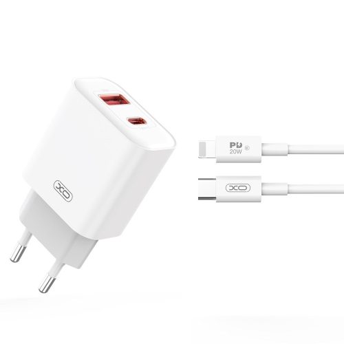 Hálózati töltőfej, adapter USB + USB-C (Type-C) port + USB-C - iPhone 8pin adatkábel, töltőkábel, 1m 3A 20W, fehér, XO CE12