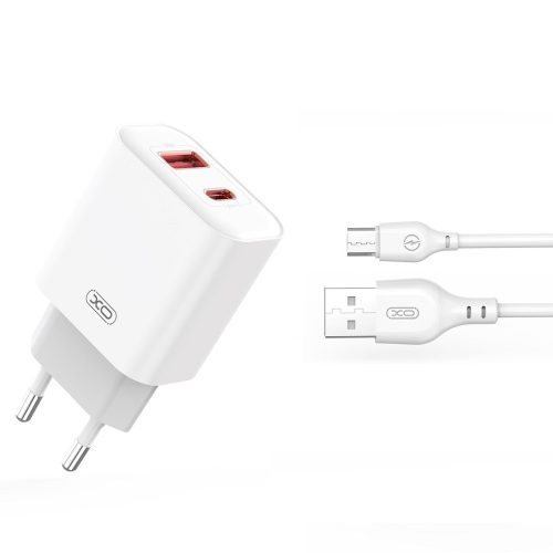 Hálózati töltőfej, adapter USB + USB-C (Type-C) port + Micro USB adatkábel, töltőkábel, 1m 3A 20W, fehér, XO CE12