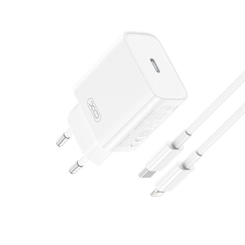 Hálózati töltőfej, adapter, USB-C (Type-C) port + USB-C - iPhone 8pin adatkábel, töltőkábel, 1m 3A 20W, fehér, XO CE15